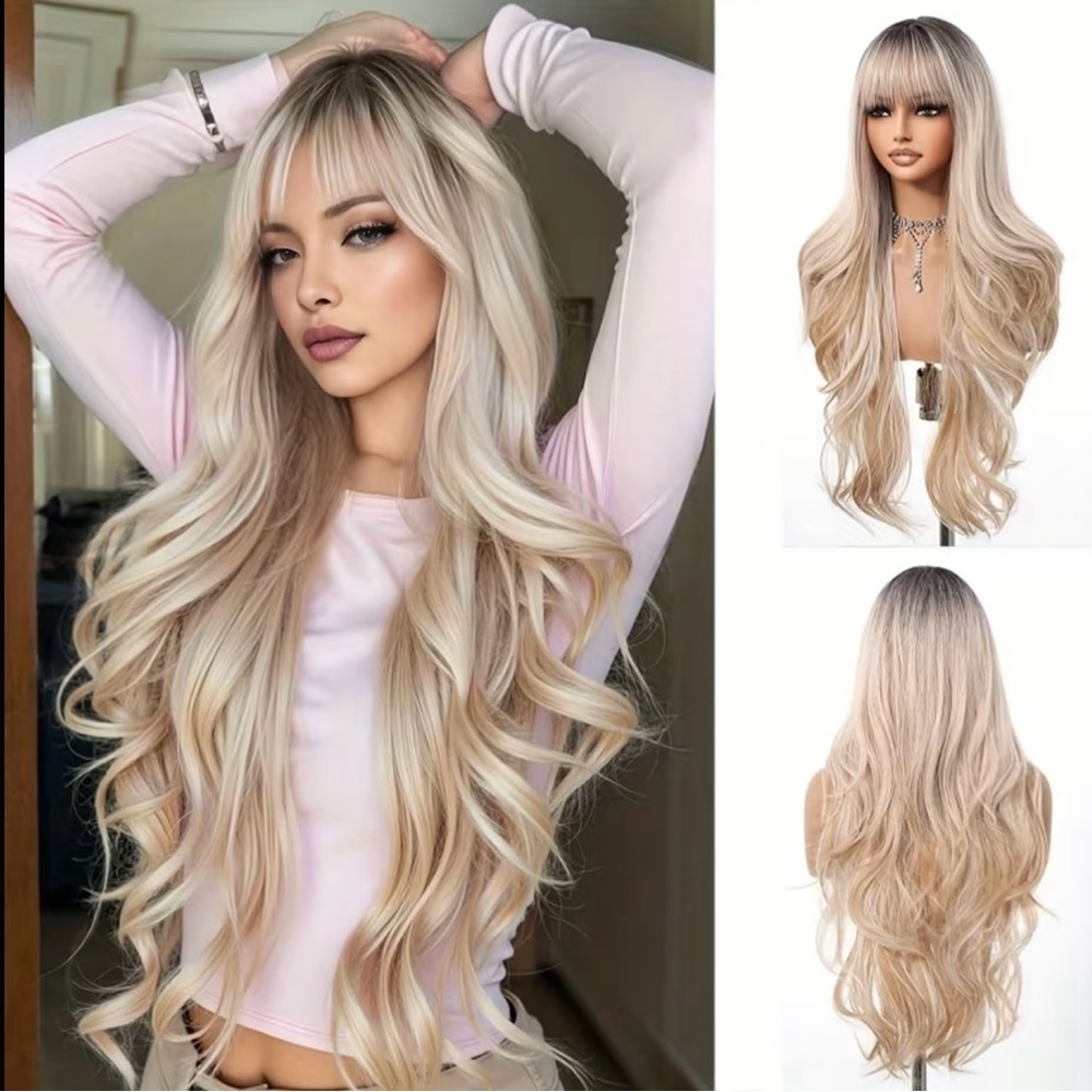 28” Long Wavy Blonde Wig with Bangs & Dark Brown Roots Synthetic Fibres 28 inch